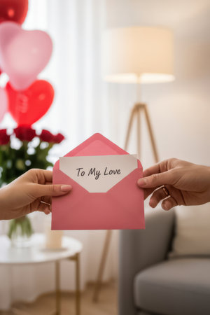 Hands presenting a Valentineâs Day card in a pink envelope that reads To My Love, with festive background of balloons and roses.の素材