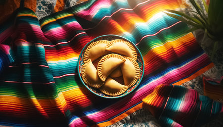 A flat lay view of golden-brown empanadas on a plate, set against the backdrop of a vibrant serape, highlighting the colorful and festive nature of this traditional dish. The natural light enhances the contrast between the crispy crusts and the vivid, striped fabric, creating an inviting and culturally rich presentation.の素材