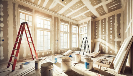 The image showcases a partially constructed room, featuring unpainted drywall with tape and joint compound applied. A ladder, construction buckets, and drywall sheets scattered across the floor suggest ongoing work, while sunlight filters through the windows, casting shadows across the room.の素材