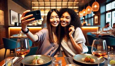 Two bi-racial girlfriends sit at a sleek restaurant table, taking a joyful selfie. The modern design features glass walls, ambient lighting, and stylish furniture. They enjoy elegantly plated dishes and fine cocktails, with their happy expressions highlighted by the blurred background.の素材