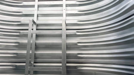 Straight view of a metal ladder installed inside a corrugated steel window well. The ladder provides emergency egress from a residential basement.の写真素材