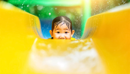 This close-up photograph captures the beaming joy of a little girl sliding down a yellow water slide under bright daylight. Her face, lit by natural sunlight, radiates excitement amidst the splashes of water.の素材
