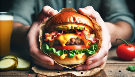 A mouthwatering close-up of a juicy cheeseburger held by a person, featuring melted cheese, crispy bacon, fresh lettuce, tomato, and pickles all packed between a soft golden bun. The blurred background emphasizes the vibrant colors and textures, making the burger the star of the image.の素材