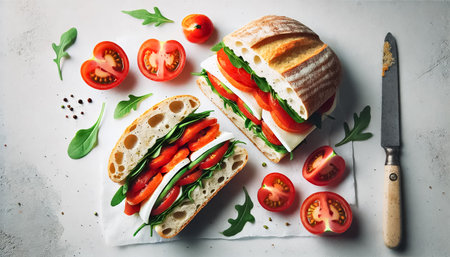 A beautifully arranged Caprese sandwich, with layers of ripe tomatoes, fresh mozzarella, and crisp arugula, placed between ciabatta halves. The sandwich is sliced open, revealing its colorful layers against a clean white background, with tomatoes and arugula leaves scattered around.の素材