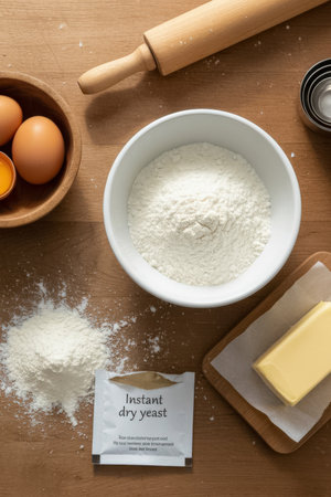 A top view of baking essentials including a bowl of flour, a block of butter, eggs, and instant dry yeast packet. A rolling pin is partially visible on the side, captured in natural kitchen light.の素材
