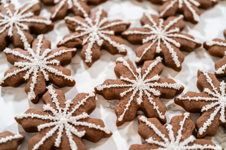 Detailed view of chocolate ginger snowflake cookies decorated with royal icing, arranged on a light background, perfect for holiday festivities.の写真素材