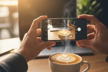A person holds a smartphone to photograph a cup of coffee with beautiful latte art on a wooden desk in morning sunlight. The image conveys creativity, lifestyle photography, and appreciation for small everyday moments.の素材