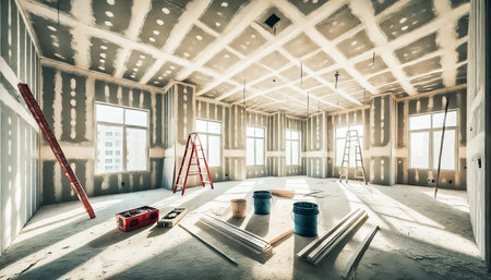 The image showcases a partially constructed room, featuring unpainted drywall with tape and joint compound applied. A ladder, construction buckets, and drywall sheets scattered across the floor suggest ongoing work, while sunlight filters through the windows, casting shadows across the room.の素材