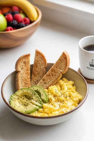A close up of a breakfast bowl containing scrambled eggs, avocado slices, and toasted bread. A cup of coffee is placed nearby on the counter with fruit in the background, styled in natural daylight.の素材