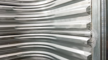 Interior view of a full metal corrugated window well wall, curving around the frame and forming a...