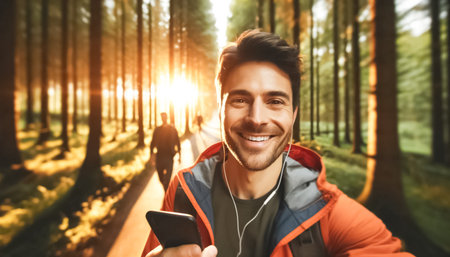 A man in an orange jacket walks through a sunlit forest, smiling while listening to music with earphones. The soft, warm sunlight creates a serene atmosphere, with a blurred background that captures the beauty of the natural surroundings.の素材