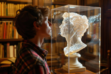 Aeneas Archaeology Collaboration, historian with AI model predicting missing text, museum research room, thoughtful and historic, bookshelves and sculptures, side view of researcher and holographic projection, warm library light, 50mm lens --ar 3:2 --v 6 Job ID: aa23333b-a375-4666-a4c0-98ca3032c7f6の素材