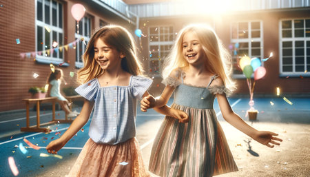 Celebrating the end of the school year, children are basked in sunshine as they frolic among multicolored balloons and streams of glittering confetti. Their faces radiant with smiles, they capture the pure essence of joy and the accomplishment of another academic milestone.の素材