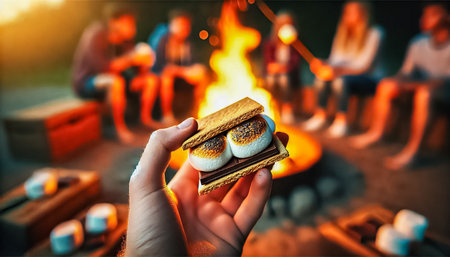 Hands are seen carefully assembling smores over a glowing campfire at night. The fires warm light highlights the cozy and nostalgic ambiance, with layers of graham crackers, chocolate, and marshmallows ready to be enjoyed.の素材