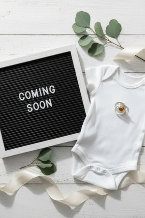 A flat lay of a white baby onesie placed beside a board with the words coming soon. Decorative leaves and ribbons are styled on a light wooden background under bright daylight.の素材