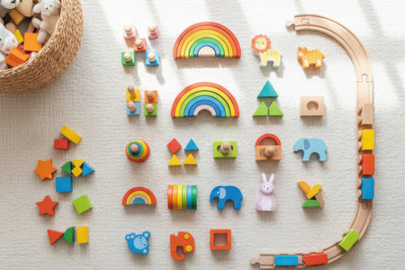 A flat lay arrangement displays colorful wooden toys including rainbows, animals, and geometric shapes. The pieces are organized neatly on a light surface. The scene emphasizes creativity and playful childhood decor.の素材