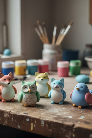 Colorful clay animal figurines such as owls, foxes, and birds are arranged on a wooden craft table. Paint jars and brushes appear in the background. The scene highlights handmade art and playful creativity.の素材