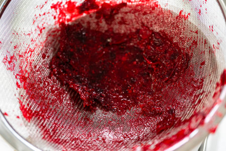 A close-up shot of fresh cranberry sauce being strained through a fine mesh sieve. The rich,...