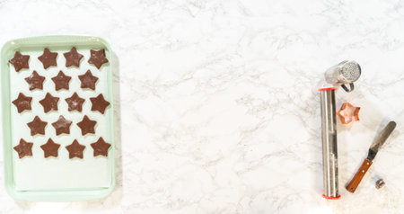 Overhead view of star-shaped chocolate cookies arranged on a parchment-lined baking sheet, ready for the oven.の写真素材
