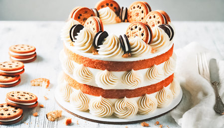 These elegant layered cakes are adorned with smooth white buttercream frosting, topped with large cookies and delicately crafted swirls. The base of each cake is surrounded by cookie crumbles, adding a rustic yet refined touch. Soft lighting and neutral backgrounds enhance the focus on the dessertâs intricate details.の素材