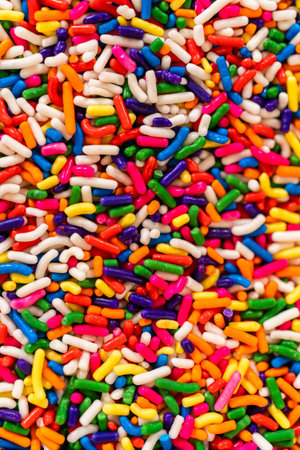 Macro view of tightly packed rainbow sprinkles in a vertical frame. The candy pieces are detailed and vibrant, filling most of the yellow background.の写真素材