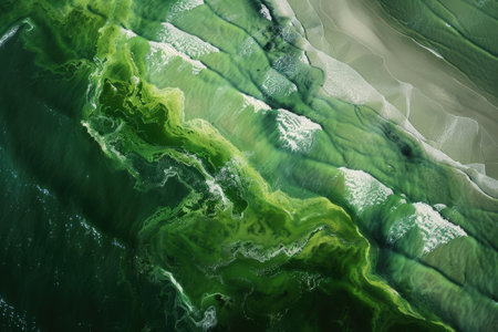 Australia Algal Bloom, aerial view of toxic green algal bloom along South Australia coastline, environmental disaster environment, somber mood, natural coastal background, wide composition, soft diffuse sunlight --ar 3:2 --v 6 Job ID: 83be1e9c-ee22-4127-b88b-faddf7adbc5dの素材