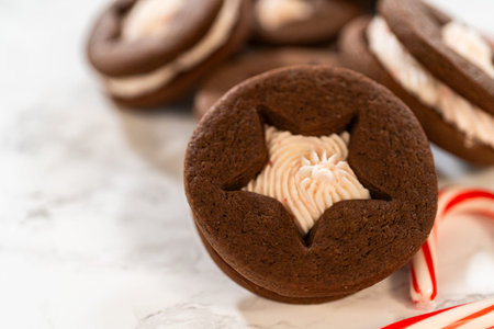A single chocolate cookie with a star cutout and peppermint filling is shown close up. The cookie...