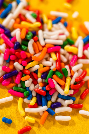 Tight macro showing a small colorful pile of candy sprinkles on a vivid yellow surface. The focus is...