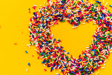 Multicolored sugar sprinkles form a heart shape centered on a yellow background. Cheerful and bright concept.