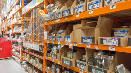 Parker, Colorado, USA-September 22, 2024 - Shelves are stocked with hose fittings, connectors, and plumbing hardware in a hardware store aisle. Labels and part numbers are visible, with the aisle clearly lit.