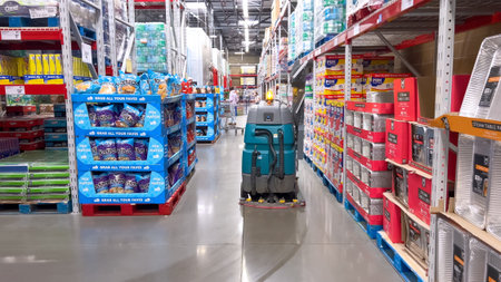Castle Rock, CO, USA-February 7, 2026 - A warehouse style retail aisle features pallets of goods and stacked merchandise on tall shelving units. The scene is brightly lit with a spacious and organized industrial retail environment.