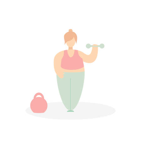 Strong woman doing fitness. Workout with dumbbell and weight. Body positive woman. Vector flat illustration isolated on white background. Eps 10のイラスト素材