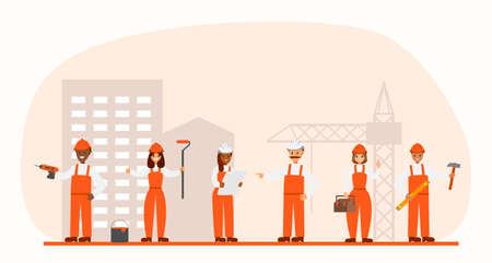 Set of professional builders. Collection of flat vector builders, technicians, repairman, engineers, architects and constructors. Building industry. Cartoon character.のイラスト素材