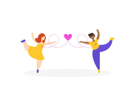 Cute lesbian couple in love. Romantic LGBTQ partners on white isolated background. Happy homosexual couple. Illustration for valentines day cards. Flat cartoon character.のイラスト素材