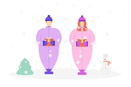 Flat couple in winter clothes with gifts in hands near with christmas tree and snowman. Happy new year theme. Cute cartoon characters. Vのイラスト素材