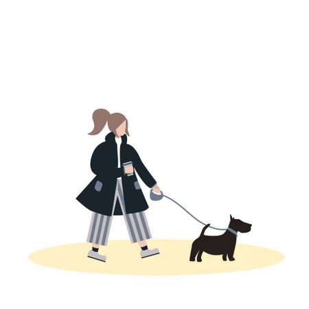 Girl in coat hold coffee cup and walks with dog on leash. Flat cartoon character on isolated white background.のイラスト素材