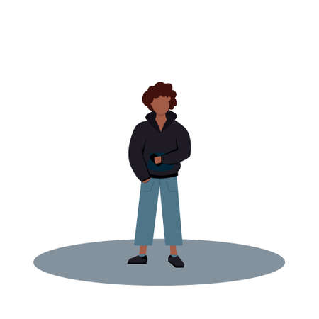 Curly black guy in a hoodie looks into a smartphone. Flat cartoon characterのイラスト素材