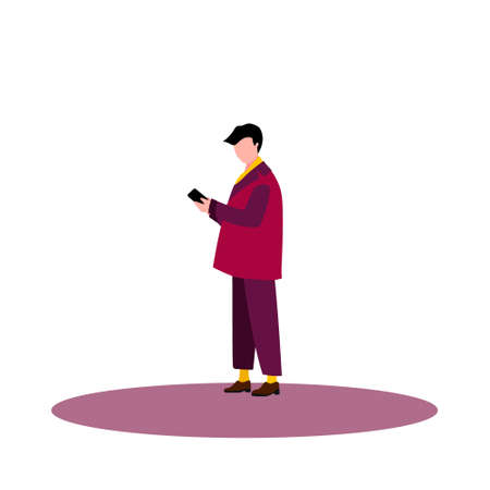 Stylish man in a coat walks and looks at the phone. Flat cartoon character on isolated white background.のイラスト素材