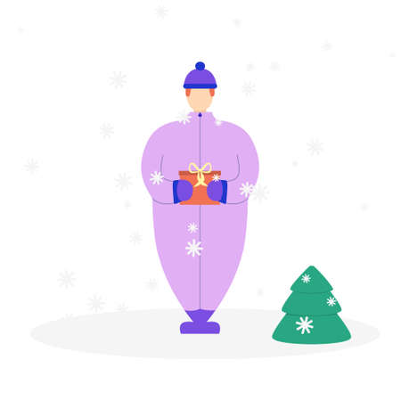 Flat man in winter clothes with gifts in hands near Christmas tree. Happy new year theme. Cute cartoon characters.のイラスト素材