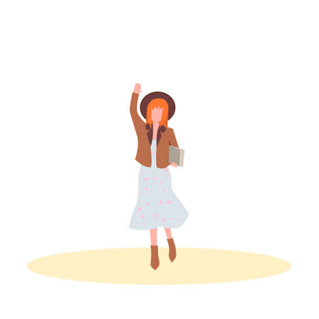 Cute red-haired girl waving hand in a hat and dress. Flat cartoon characters.のイラスト素材