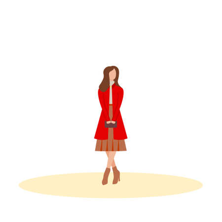 Elegant woman in coat with handbag stands on isolated white background. Flat vector illustrationのイラスト素材
