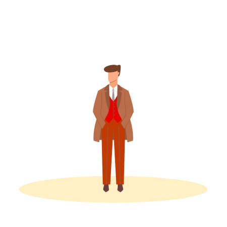 Elegant man in costume with tie and coat stands on isolated white background. Flat vector illustration.のイラスト素材