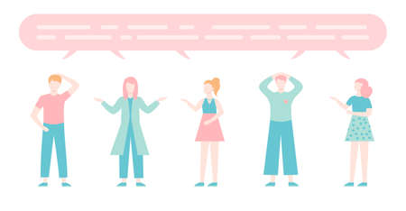 Set of speaking people with dialogue speech bubbles. Group of flat men and women talking. Cartoon characters.のイラスト素材