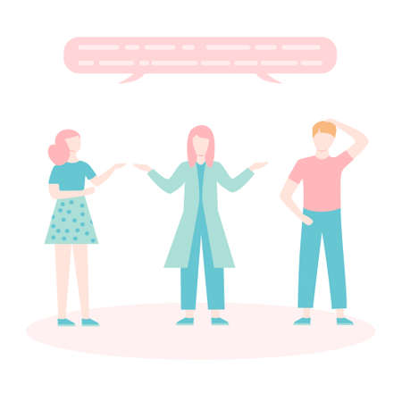 Group of speaking people with dialogue speech bubbles. Two woman and a man talking to each other. Cartoon characters. Vector illustration.のイラスト素材