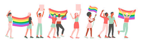 LGBT pride parade. Men and women at a street demonstration for LGBT rights. Group of gay, lesbian, bisexual, transgender activists with flags and posters. Flat iillustration.のイラスト素材