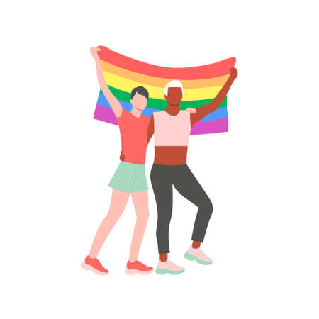 Two gays hold LGBT flag at a pride parade. LGBTQ community cartoon character. Flat vector illustration.のイラスト素材
