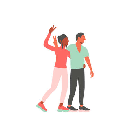 Happy black gay couple walking, hugging and showing peace gesture. LGBTQ community cartoon character. Flat design.のイラスト素材