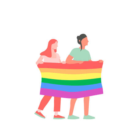 Lesbian activists with LGBT flag at a street demonstration for LGBT rights. Vector illustration. Flatのイラスト素材