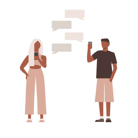 Flat man and women chat with each other. Illustration with speech bubbles. Vector.のイラスト素材