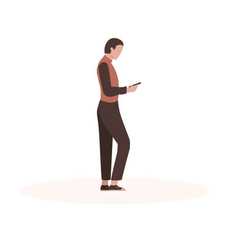 Stylish man looks at the phone. Flat cartoon character on isolated white background. Vectorのイラスト素材